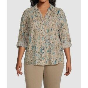 Westbound Button Up Down Blouse Shirt Womens 3X Ikat Animal Print Roll Tab Linen